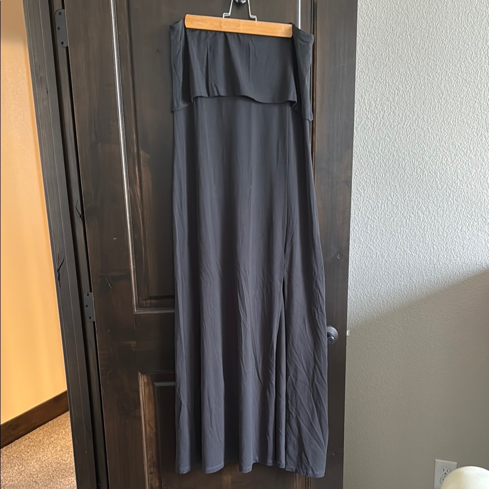Strapless Dark Grey Maxi Dress with Slit